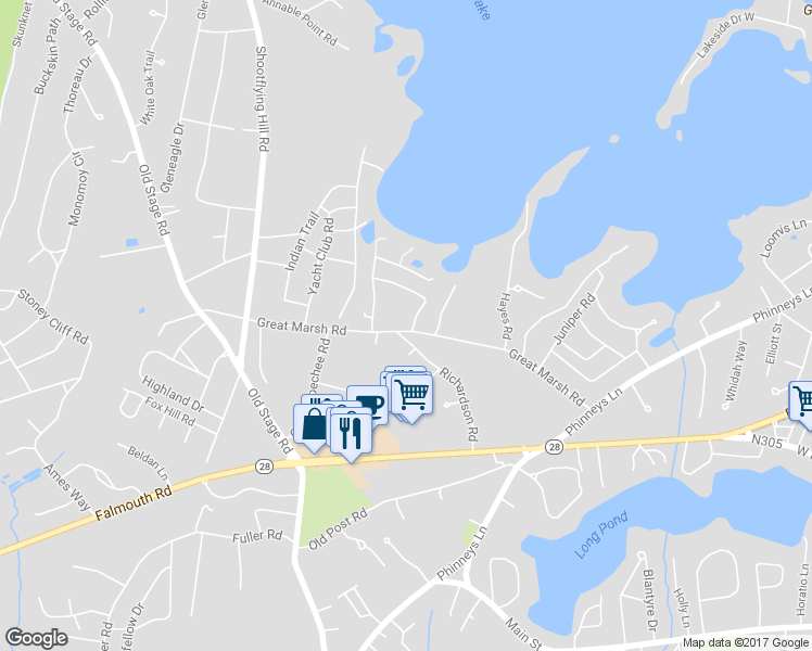 map of restaurants, bars, coffee shops, grocery stores, and more near 222 Great Marsh Road in Barnstable