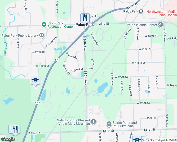 map of restaurants, bars, coffee shops, grocery stores, and more near 12537 South Iroquois Road in Palos Park