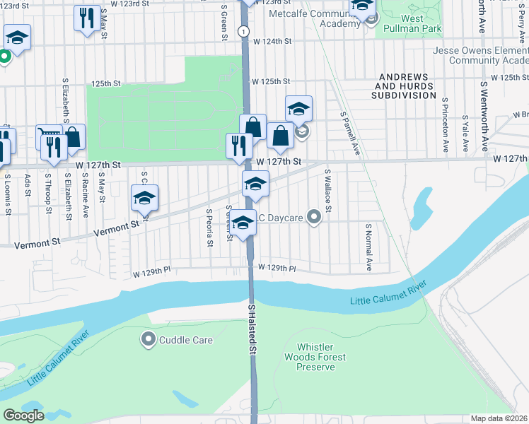 map of restaurants, bars, coffee shops, grocery stores, and more near 12810 South Emerald Avenue in Chicago