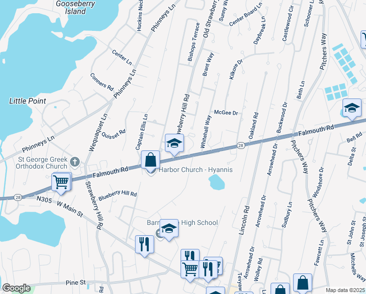 map of restaurants, bars, coffee shops, grocery stores, and more near 850 Falmouth Road in Barnstable