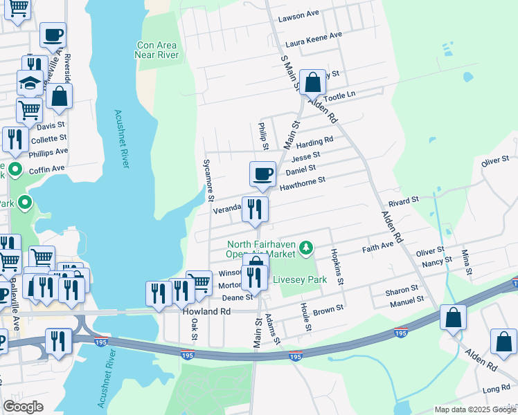 map of restaurants, bars, coffee shops, grocery stores, and more near 407 Main Street in Fairhaven