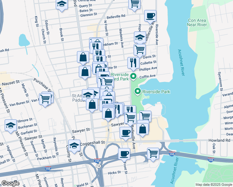 map of restaurants, bars, coffee shops, grocery stores, and more near 364 North Front Street in New Bedford