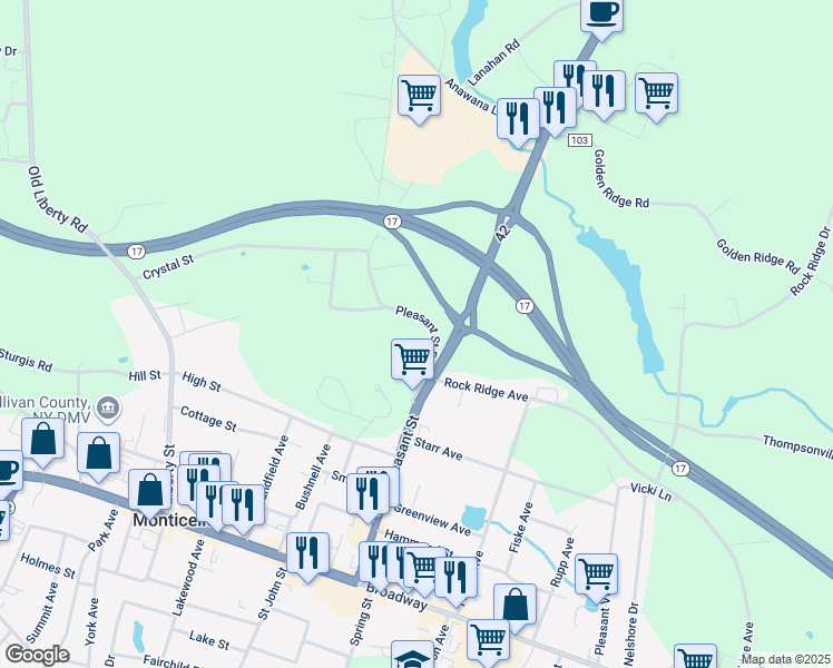 map of restaurants, bars, coffee shops, grocery stores, and more near 109 Pleasant Street Extension in Monticello