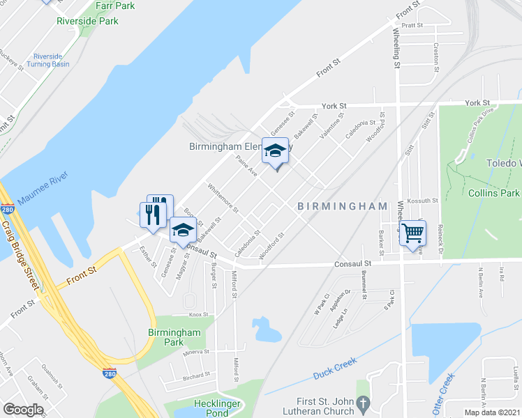 map of restaurants, bars, coffee shops, grocery stores, and more near 2128 Valentine Street in Toledo