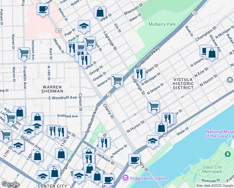 map of restaurants, bars, coffee shops, grocery stores, and more near 924 Walnut Street in Toledo