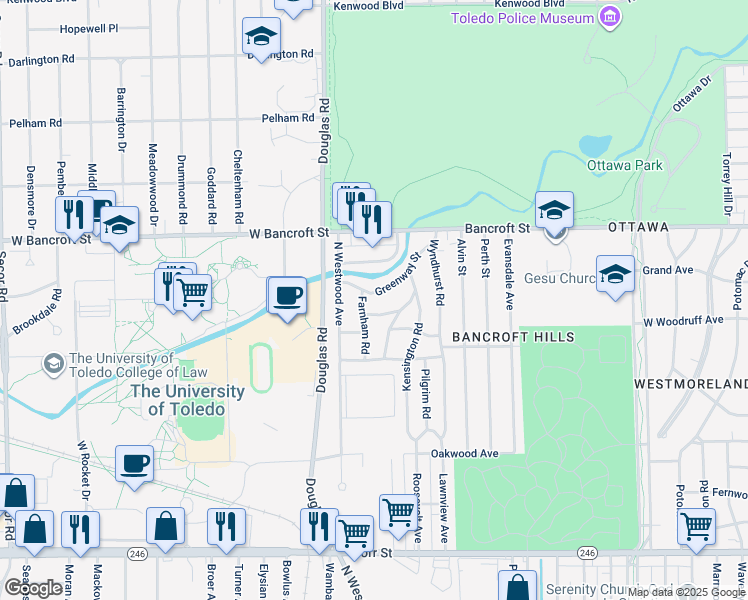 map of restaurants, bars, coffee shops, grocery stores, and more near 2633 Greenway Street in Toledo