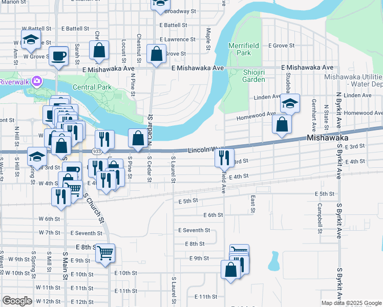 map of restaurants, bars, coffee shops, grocery stores, and more near 723 Lincolnway East in Mishawaka