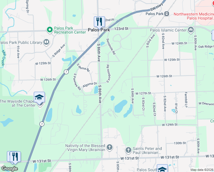 map of restaurants, bars, coffee shops, grocery stores, and more near 12537 South Iroquois Road in Palos Park