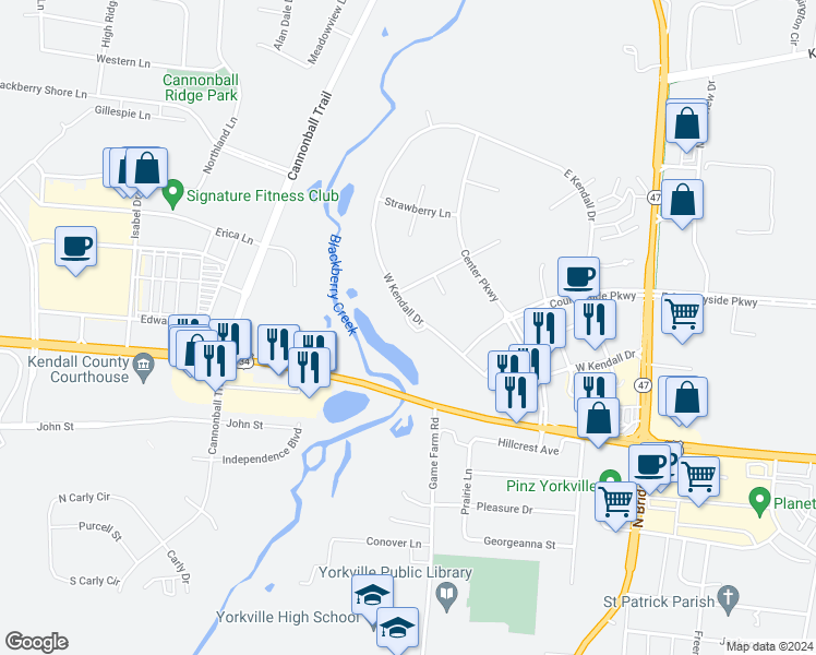 map of restaurants, bars, coffee shops, grocery stores, and more near 999 Game Farm Road in Yorkville