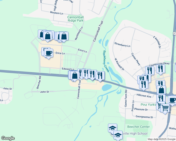 map of restaurants, bars, coffee shops, grocery stores, and more near 4040 Cannonball Trail in Yorkville