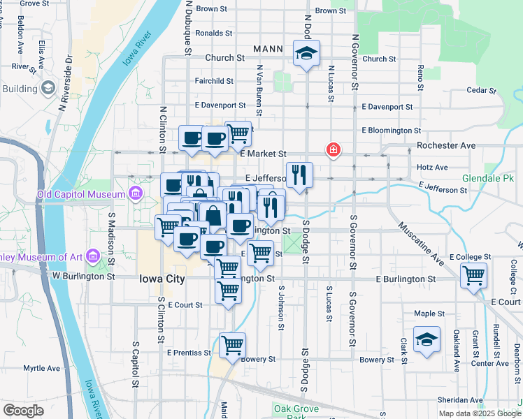 map of restaurants, bars, coffee shops, grocery stores, and more near 505 Iowa Avenue in Iowa City