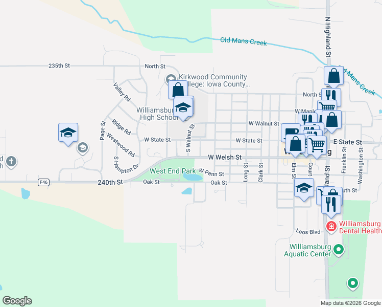 map of restaurants, bars, coffee shops, grocery stores, and more near 501-599 South Walnut Street in Williamsburg