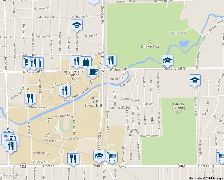 map of restaurants, bars, coffee shops, grocery stores, and more near 2037 Farnham Rd in Toledo