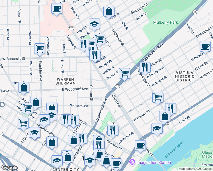 map of restaurants, bars, coffee shops, grocery stores, and more near 1011 Cherry Street in Toledo