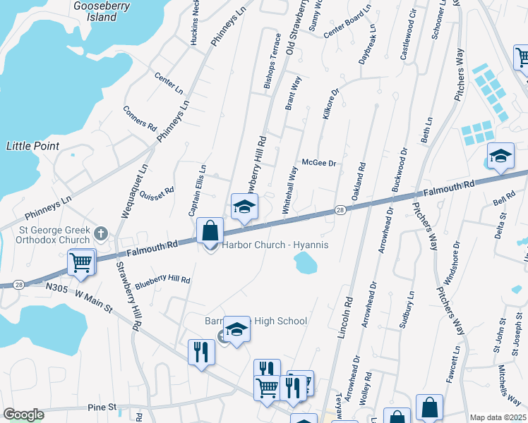 map of restaurants, bars, coffee shops, grocery stores, and more near 850 Falmouth Road in Barnstable