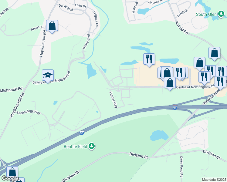 map of restaurants, bars, coffee shops, grocery stores, and more near 20110 Patriot Way in West Greenwich