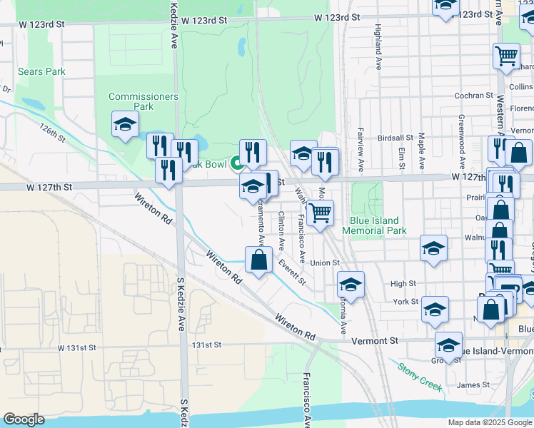 map of restaurants, bars, coffee shops, grocery stores, and more near 12749 Sacramento Avenue in Blue Island