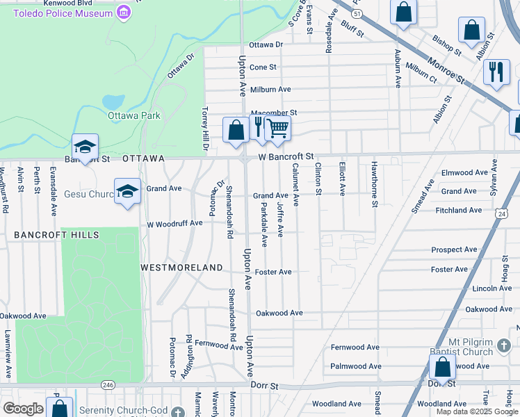 map of restaurants, bars, coffee shops, grocery stores, and more near 2033 Parkdale Avenue in Toledo