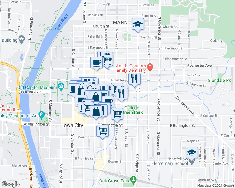 map of restaurants, bars, coffee shops, grocery stores, and more near 505 Iowa Avenue in Iowa City