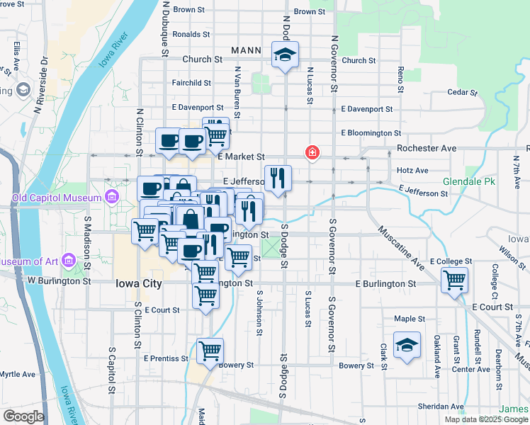 map of restaurants, bars, coffee shops, grocery stores, and more near 6 South Johnson Street in Iowa City