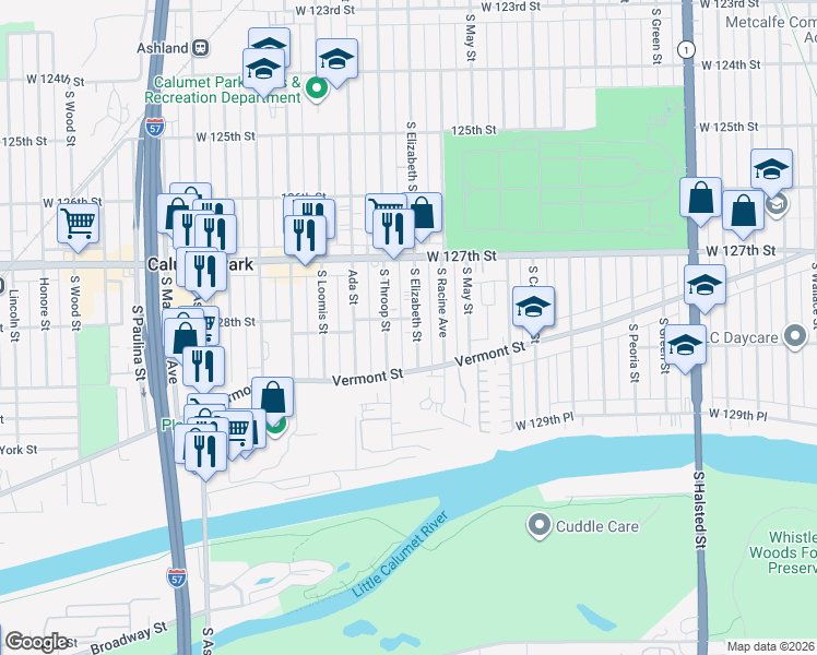 map of restaurants, bars, coffee shops, grocery stores, and more near 12804 South Elizabeth Street in Calumet Park