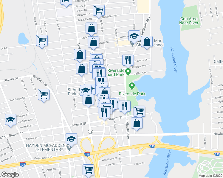 map of restaurants, bars, coffee shops, grocery stores, and more near 364 North Front Street in New Bedford