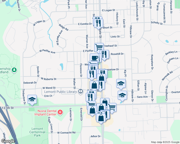 map of restaurants, bars, coffee shops, grocery stores, and more near 1101 Warner Avenue in Lemont