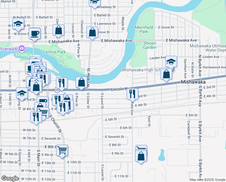 map of restaurants, bars, coffee shops, grocery stores, and more near 735 Lincolnway East in Mishawaka