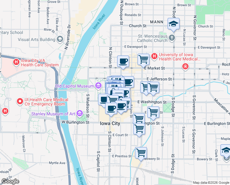 map of restaurants, bars, coffee shops, grocery stores, and more near 115 Iowa Avenue in Iowa City