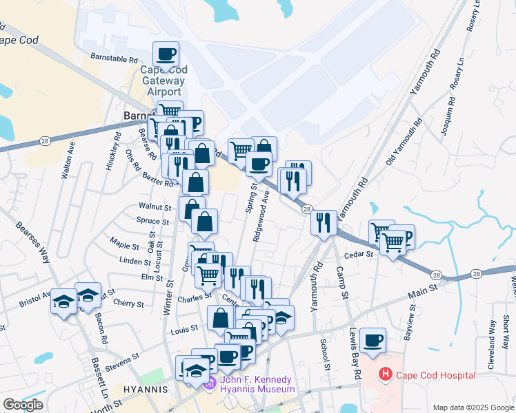 map of restaurants, bars, coffee shops, grocery stores, and more near 177 Ridgewood Ave in Barnstable