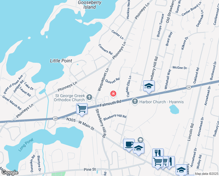 map of restaurants, bars, coffee shops, grocery stores, and more near 28 Quisset Road in Barnstable