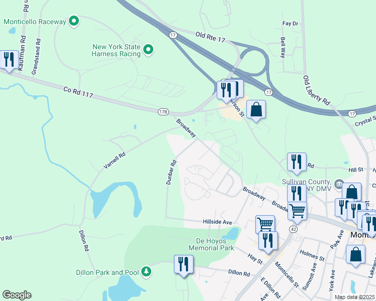 map of restaurants, bars, coffee shops, grocery stores, and more near 9 Dunbar Road in Monticello