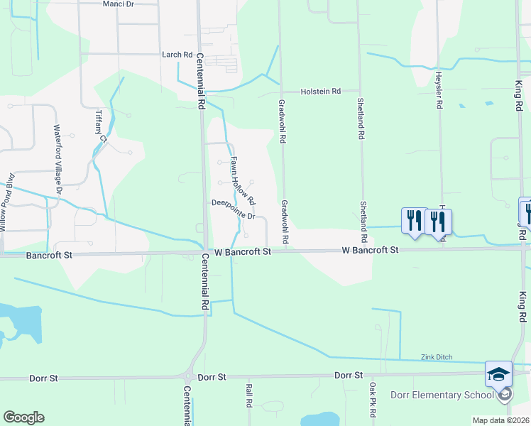 map of restaurants, bars, coffee shops, grocery stores, and more near 8132 Deerpointe Drive in Toledo