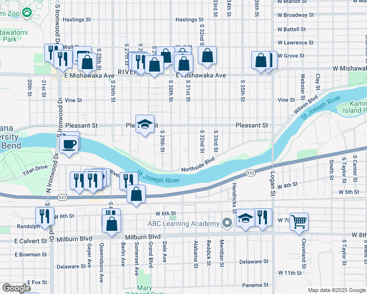 map of restaurants, bars, coffee shops, grocery stores, and more near 1306 South 30th Street in South Bend