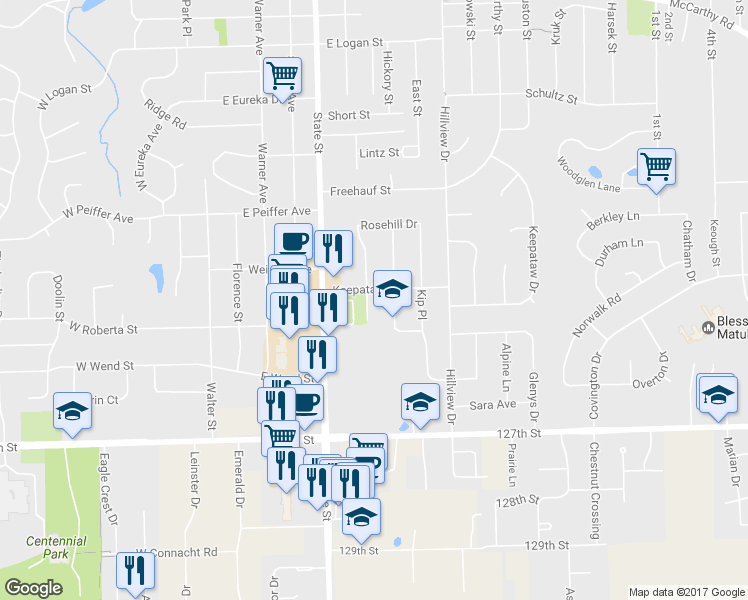 map of restaurants, bars, coffee shops, grocery stores, and more near 1105 Cherokee Place in Lemont