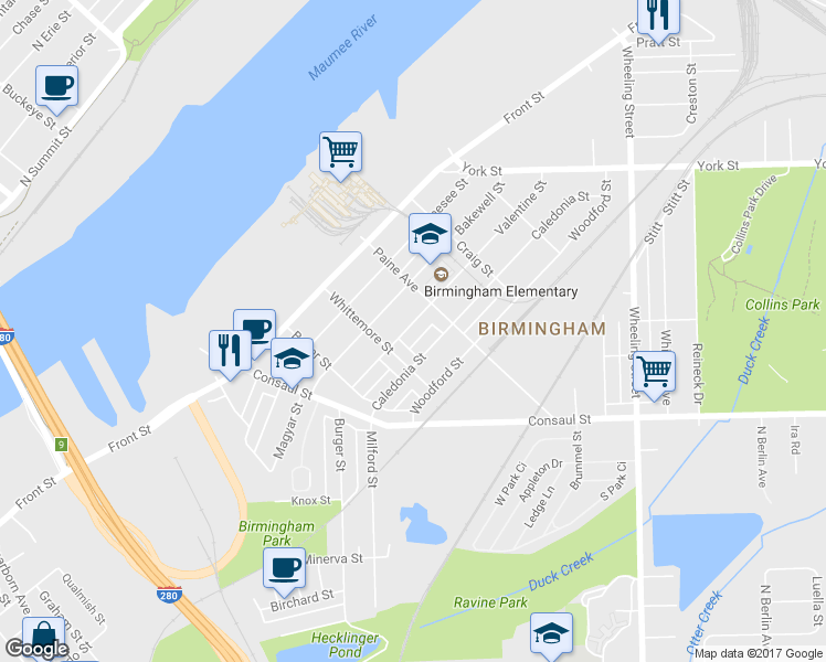 map of restaurants, bars, coffee shops, grocery stores, and more near 2128 Valentine Street in Toledo