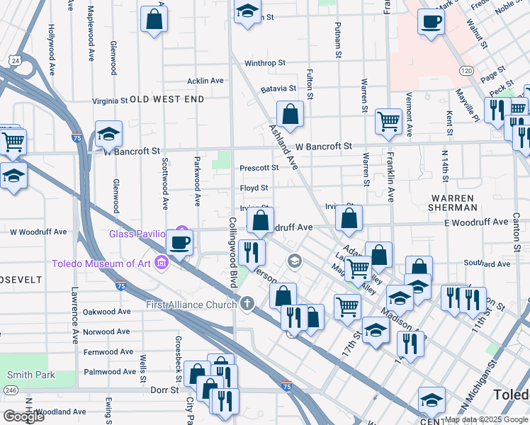 map of restaurants, bars, coffee shops, grocery stores, and more near 409 Irving Street in Toledo