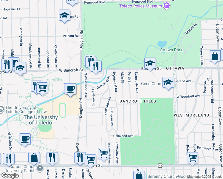map of restaurants, bars, coffee shops, grocery stores, and more near 2034 Kensington Rd in Toledo