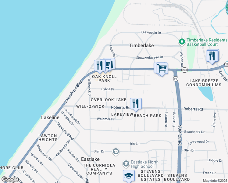 map of restaurants, bars, coffee shops, grocery stores, and more near 34176 Sylvia Drive in Eastlake