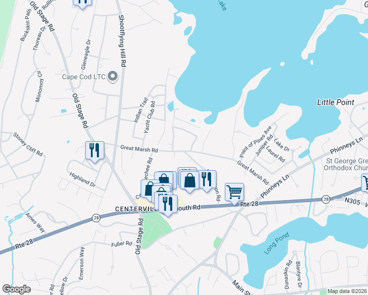 map of restaurants, bars, coffee shops, grocery stores, and more near 222 Great Marsh Road in Barnstable