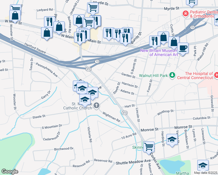 map of restaurants, bars, coffee shops, grocery stores, and more near 911 Corbin Ave in New Britain