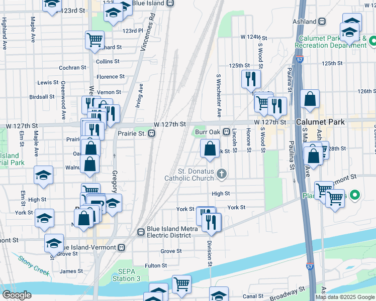 map of restaurants, bars, coffee shops, grocery stores, and more near 12760 Hoyne Avenue in Blue Island