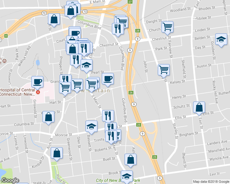 map of restaurants, bars, coffee shops, grocery stores, and more near 136 Maple Street in New Britain