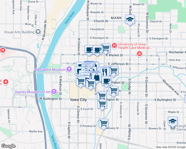 map of restaurants, bars, coffee shops, grocery stores, and more near 243 Iowa Avenue in Iowa City