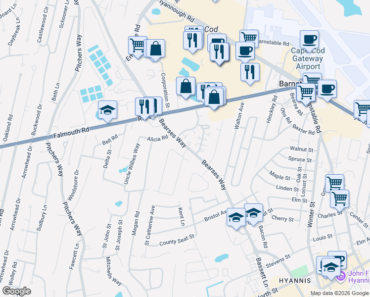 map of restaurants, bars, coffee shops, grocery stores, and more near 405 Bearses Way in Barnstable