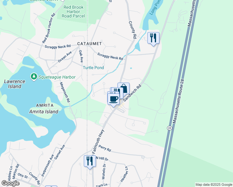 map of restaurants, bars, coffee shops, grocery stores, and more near 1334 County Road in Bourne
