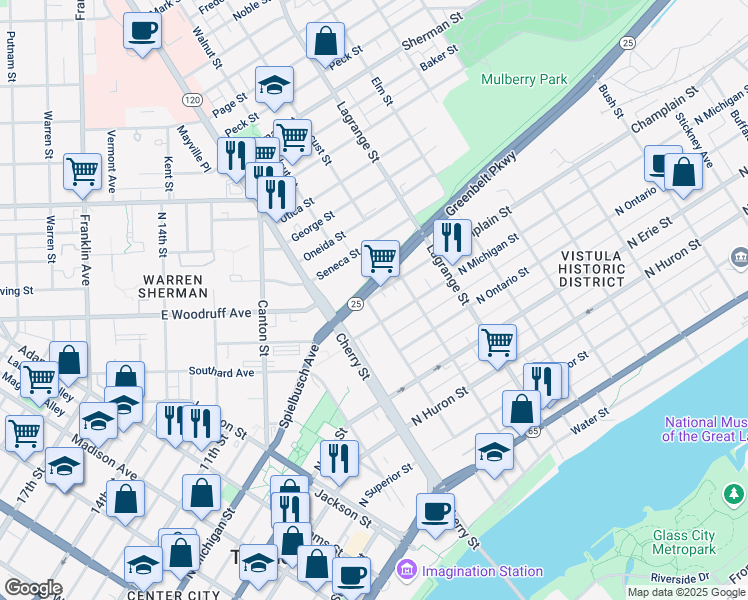 map of restaurants, bars, coffee shops, grocery stores, and more near 924 Walnut Street in Toledo