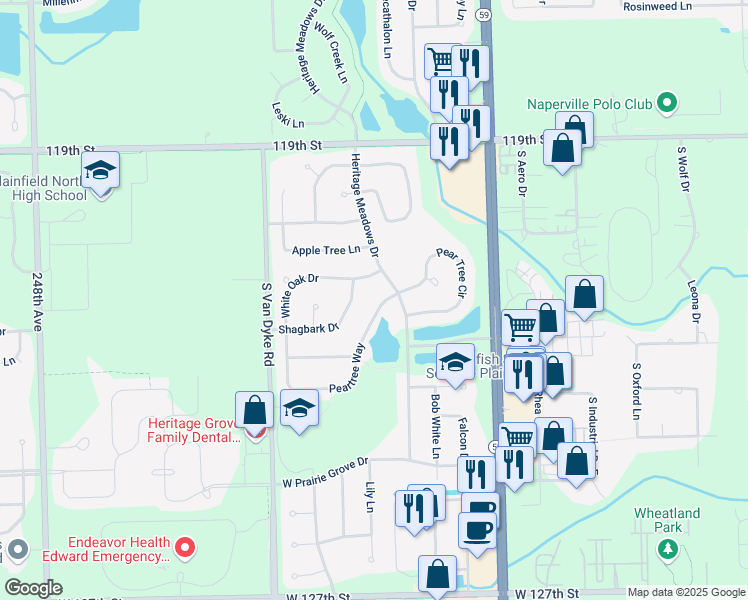 map of restaurants, bars, coffee shops, grocery stores, and more near 12156 Peartree Way in Plainfield