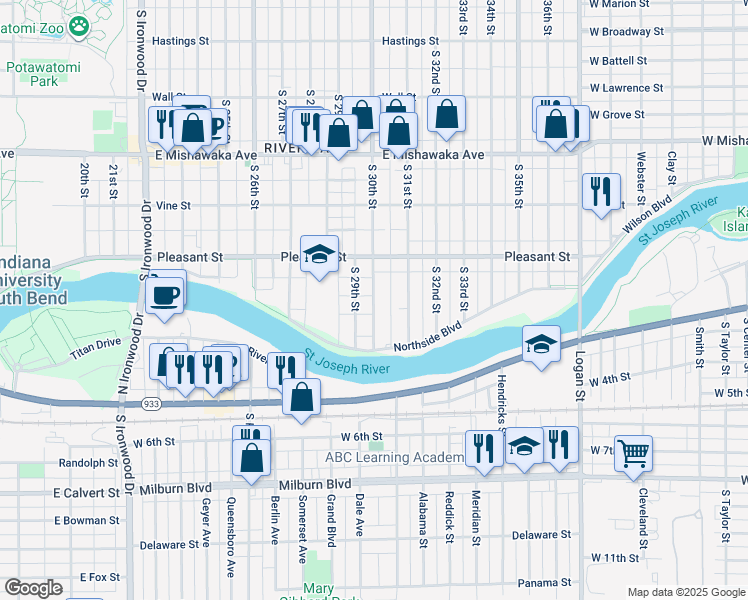 map of restaurants, bars, coffee shops, grocery stores, and more near 1306 South 30th Street in South Bend