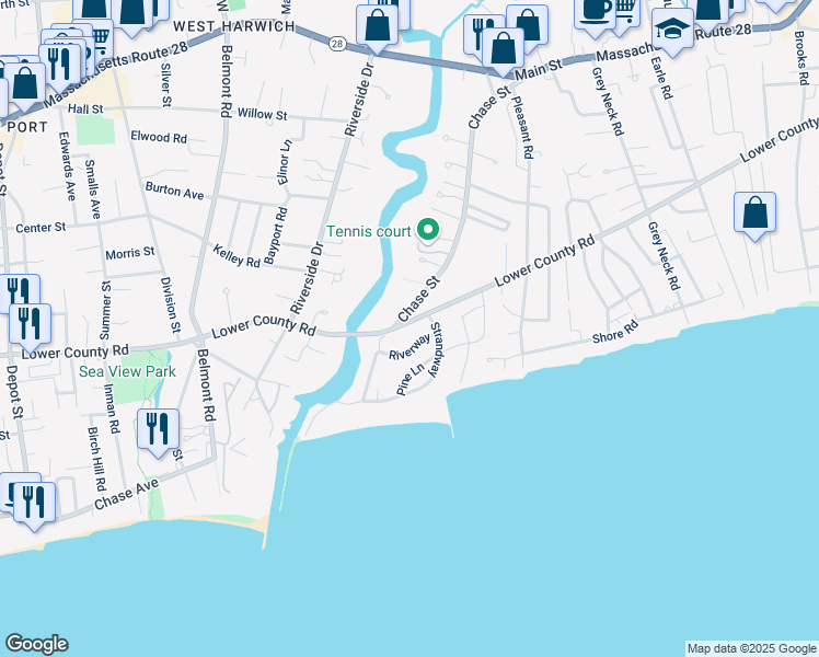 map of restaurants, bars, coffee shops, grocery stores, and more near 105 Lower County Road in Harwich